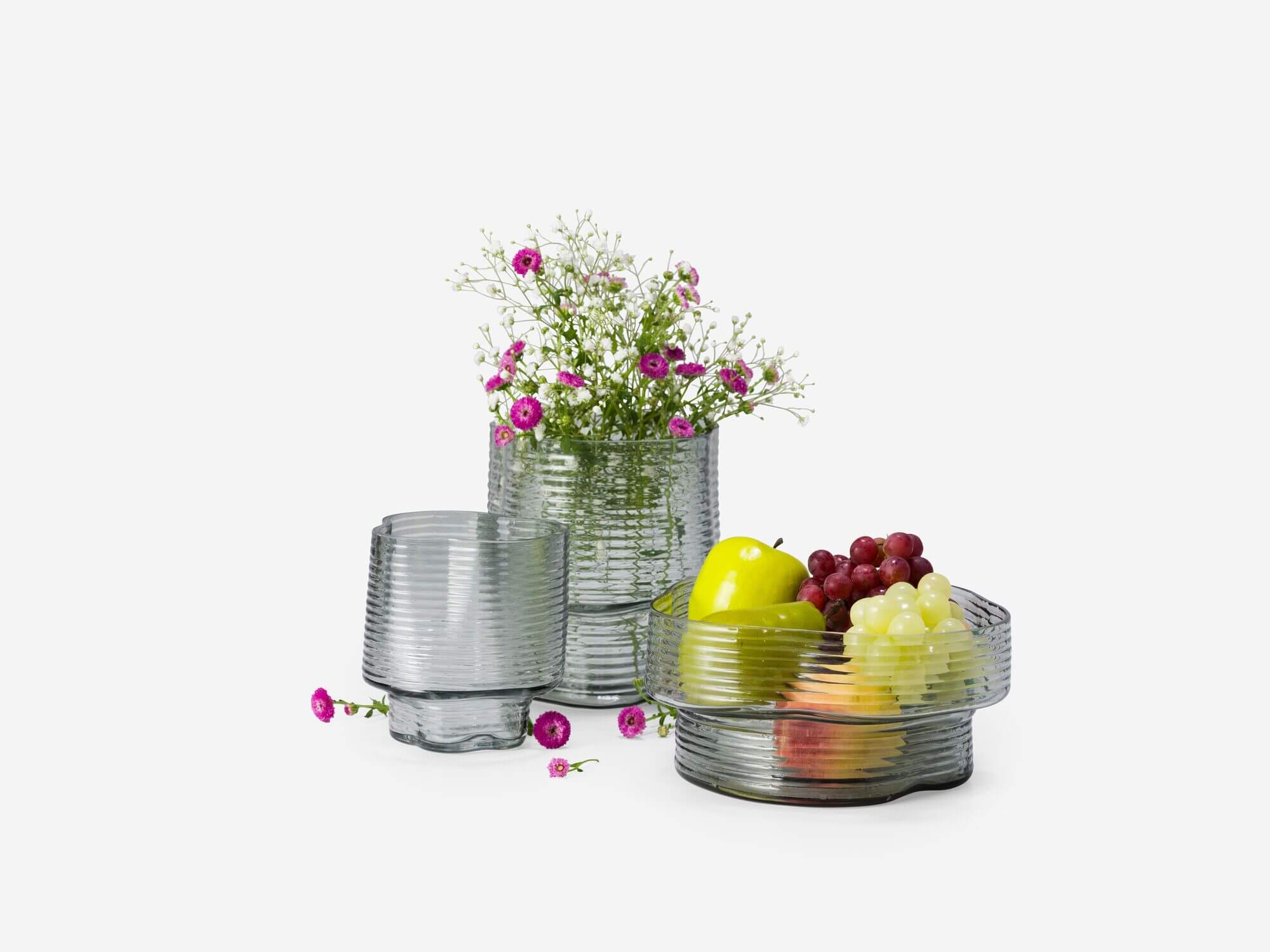 Group of three wavy glass vases and bowls